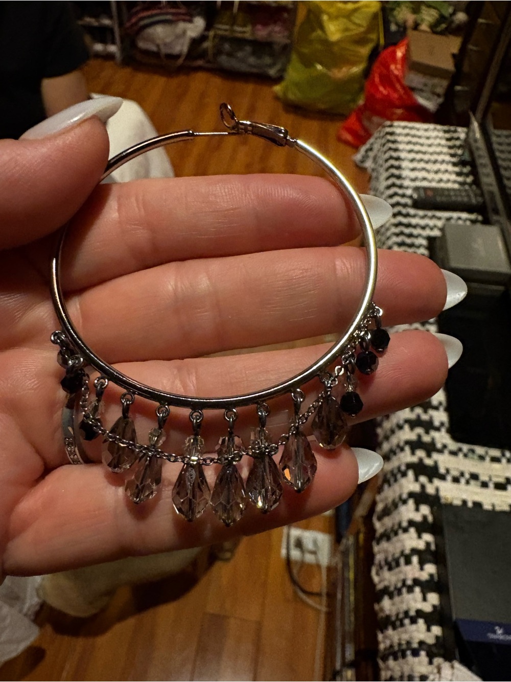 Swarovski Silver-Tone Hoop Earrings with Smoky Crystal Teardrops